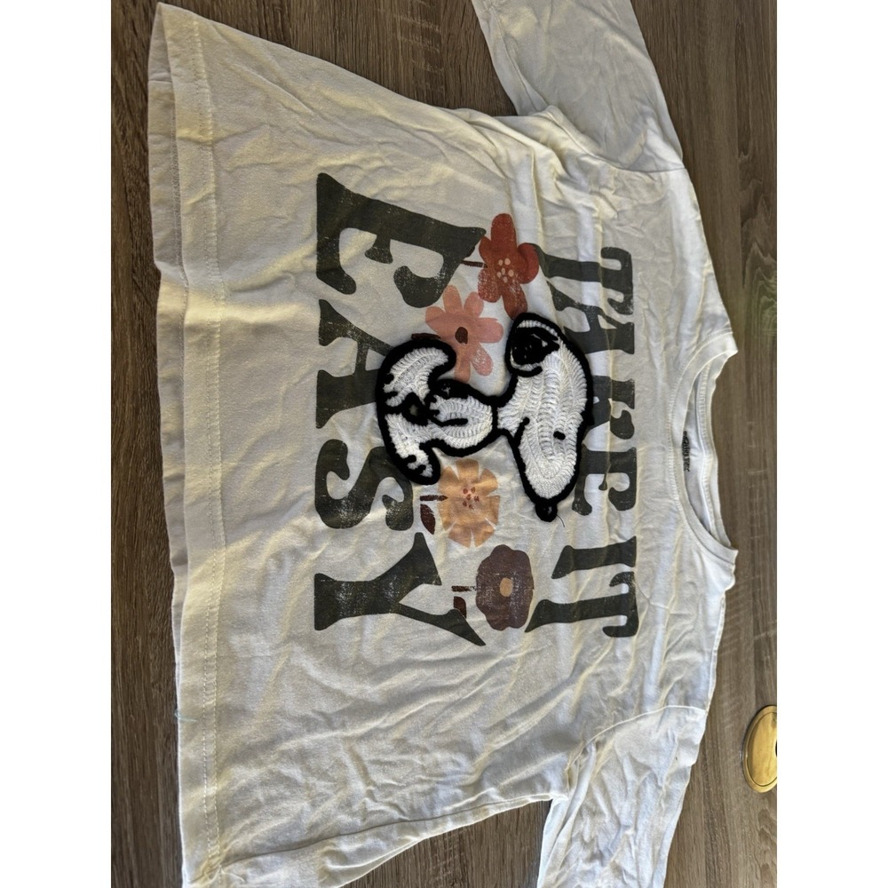Peanuts Snoopy Take It Easy Graphic T-Shirt White Chenille Patch Womens L CT2